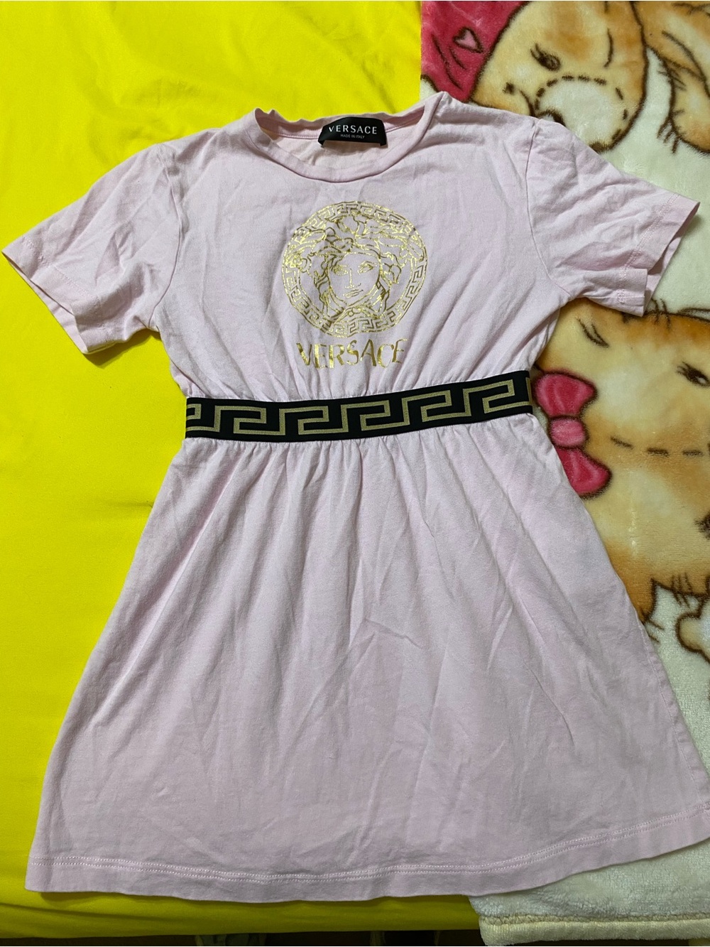 Versace Pink Dress with Gold Medusa and Black-Gold Waistband